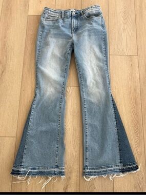 Driftwood Farrah Flare Jeans Tonal Colorblock Raw Hem Sundance Size 29x32 Boho